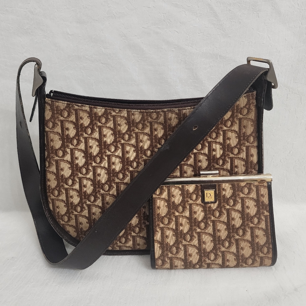 Auth Vintage Dior Trotter Bundle Shoulder Bag and Kisslock Wallet